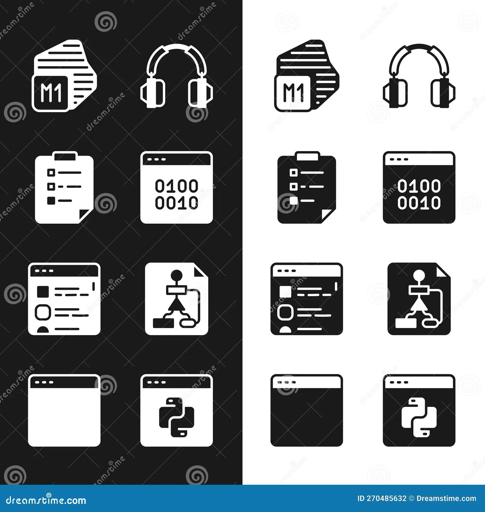 Set Binary Code, Clipboard with Checklist, Processor, Headphones