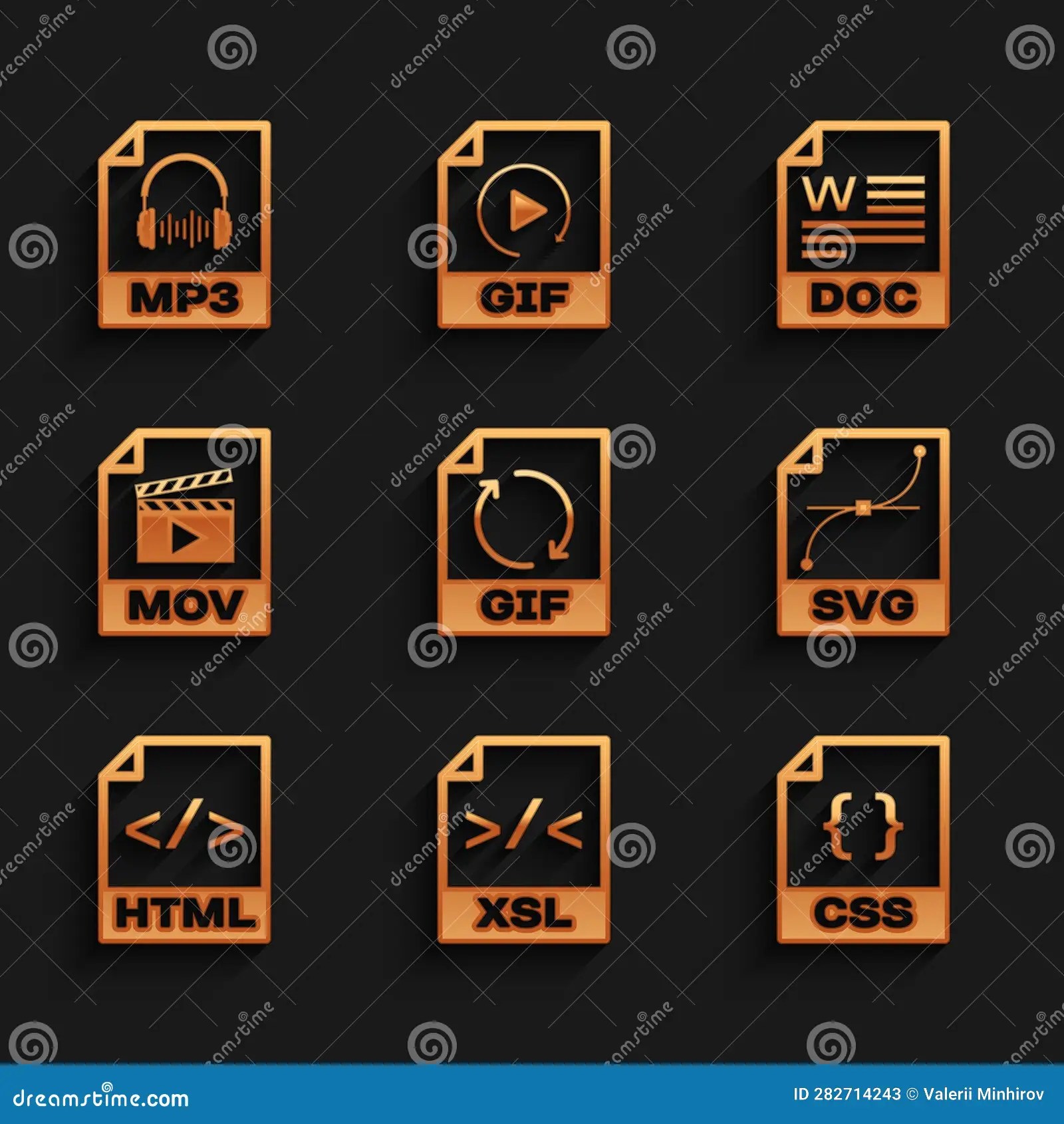 Set GIF File Document, XSL, CSS, SVG, HTML and MOV Icon. Vector Stock