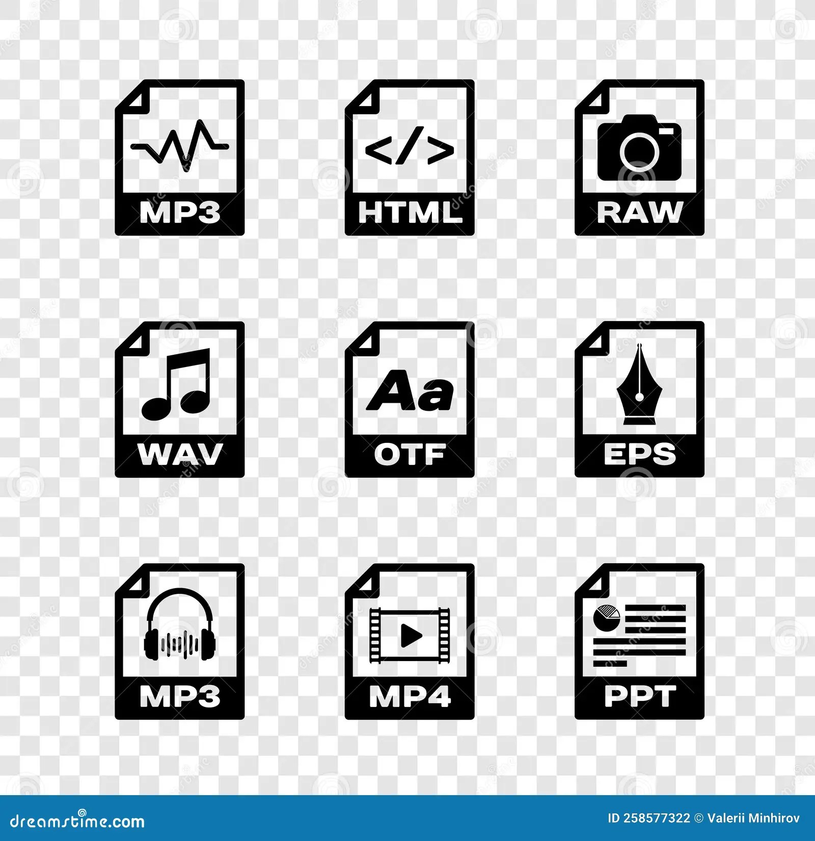 Set MP3 File Document, HTML, RAW, , MP4 and PPT Icon. Vector Stock
