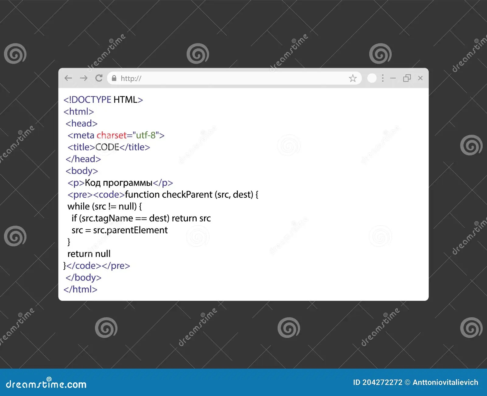 Simple Html Code on White  Page. Realistic Browser Window with Css