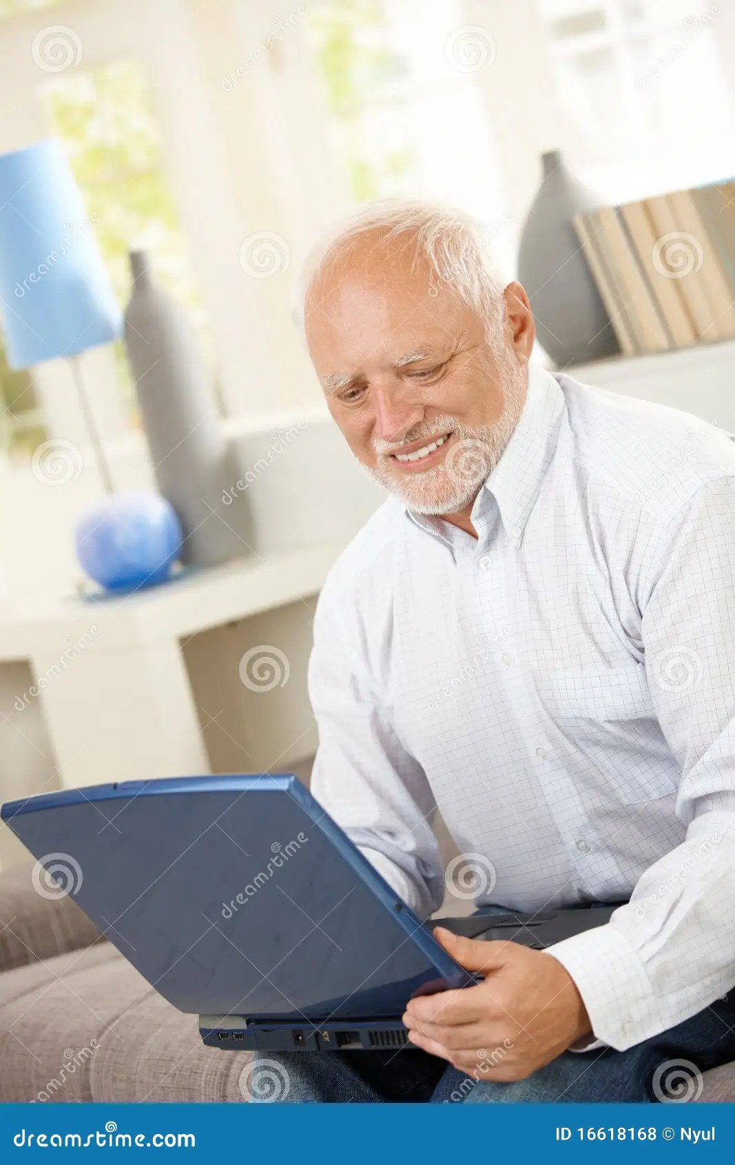 Smiling Elderly Man Looking at Computer Screen Stock Photo Image of