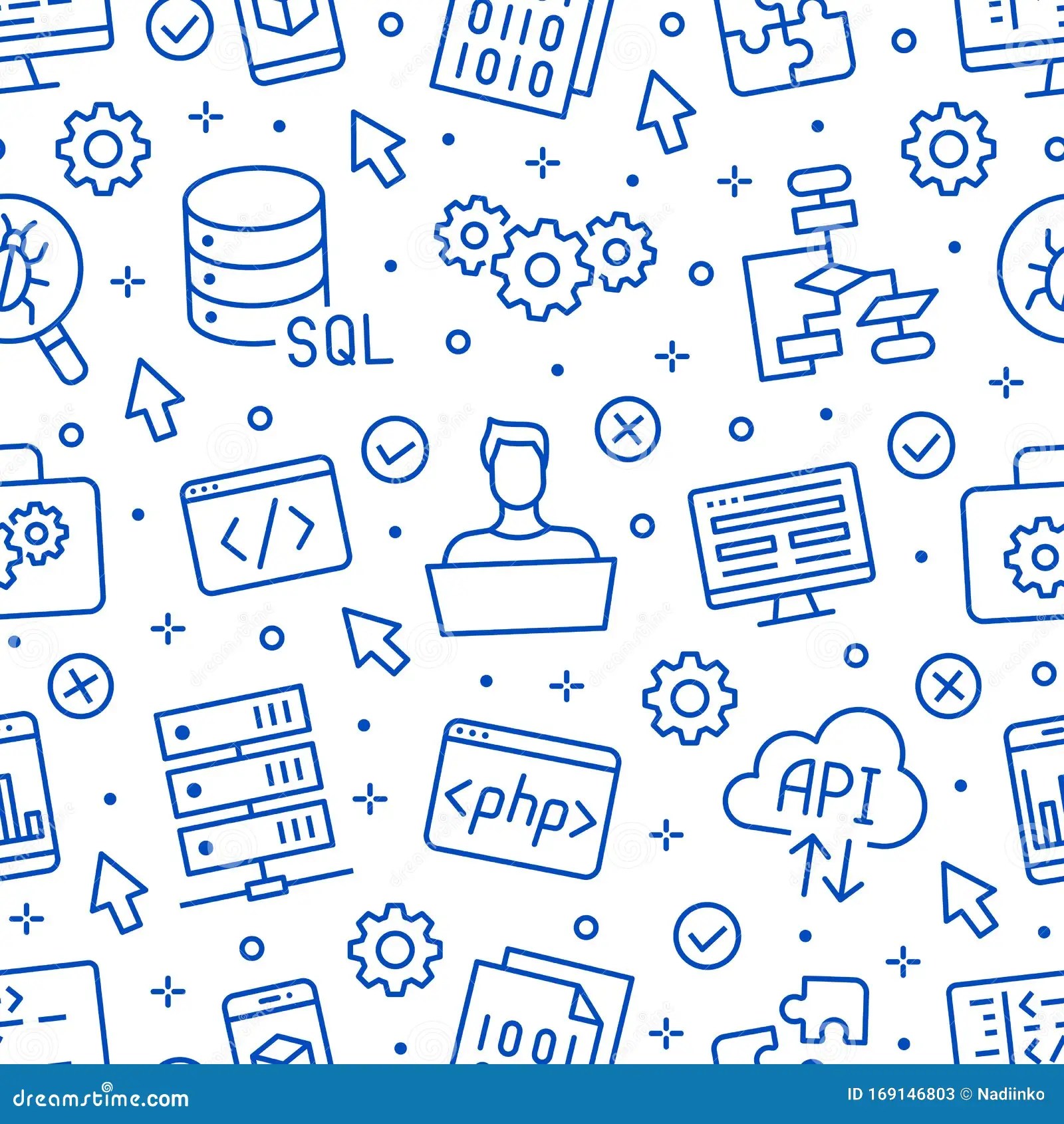 Software Development Seamless Pattern With Flat Line Icons. Programming