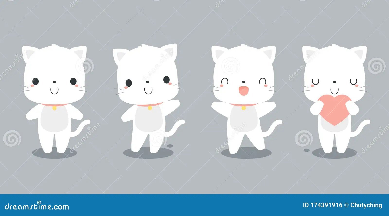 Set of Cute White Cat Cartoon Characters. Stock Vector Illustration of little, character