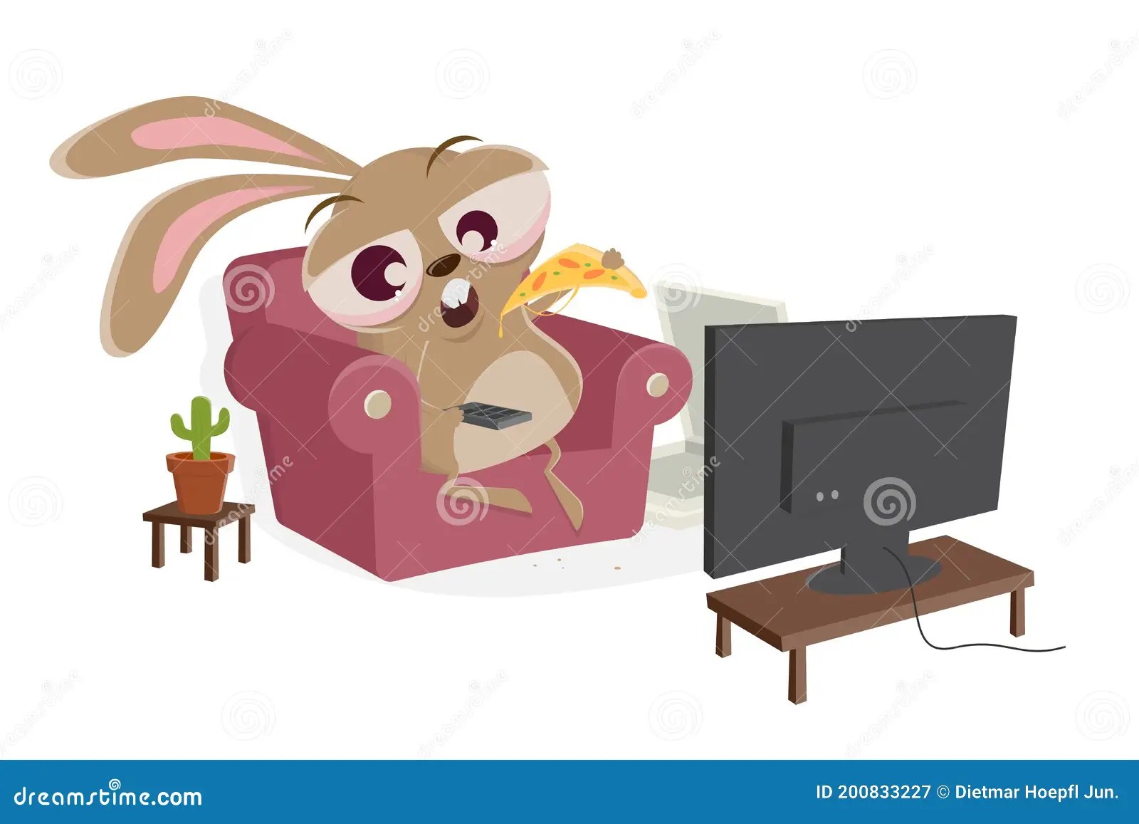 Funny Cartoon Rabbit is Watching Tv and Eating Pizza Stock Vector