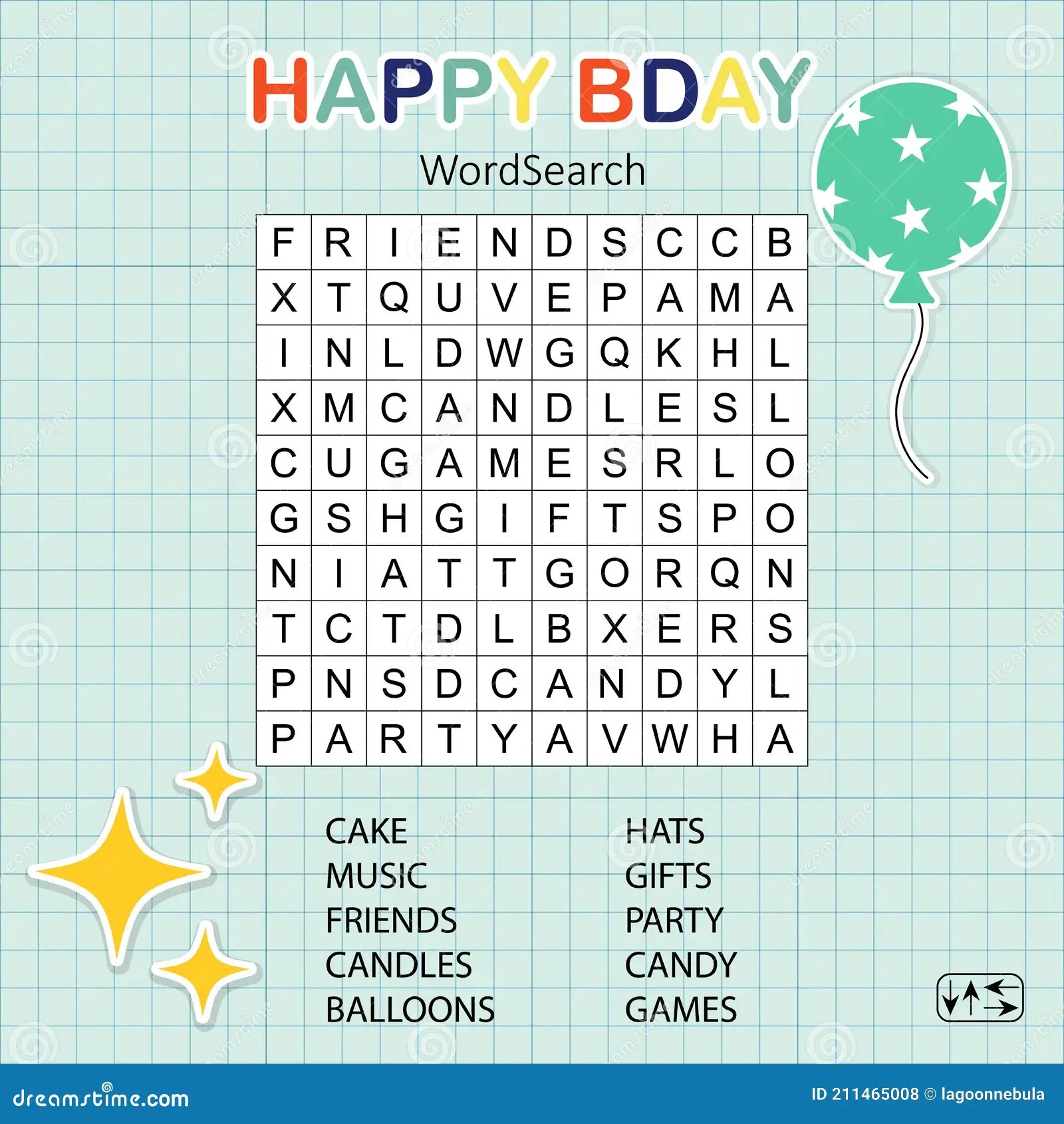 Happy Birthday Word Search Puzzle. Educational Game for Kids. Crossword