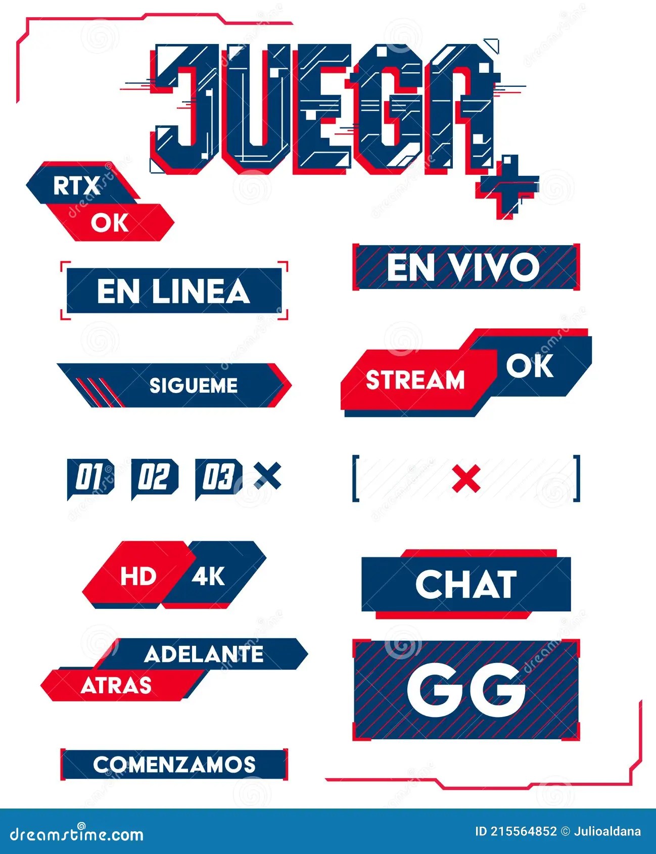 Juega, Play Spanish Text Gaming Stream Interface Elements, Vector