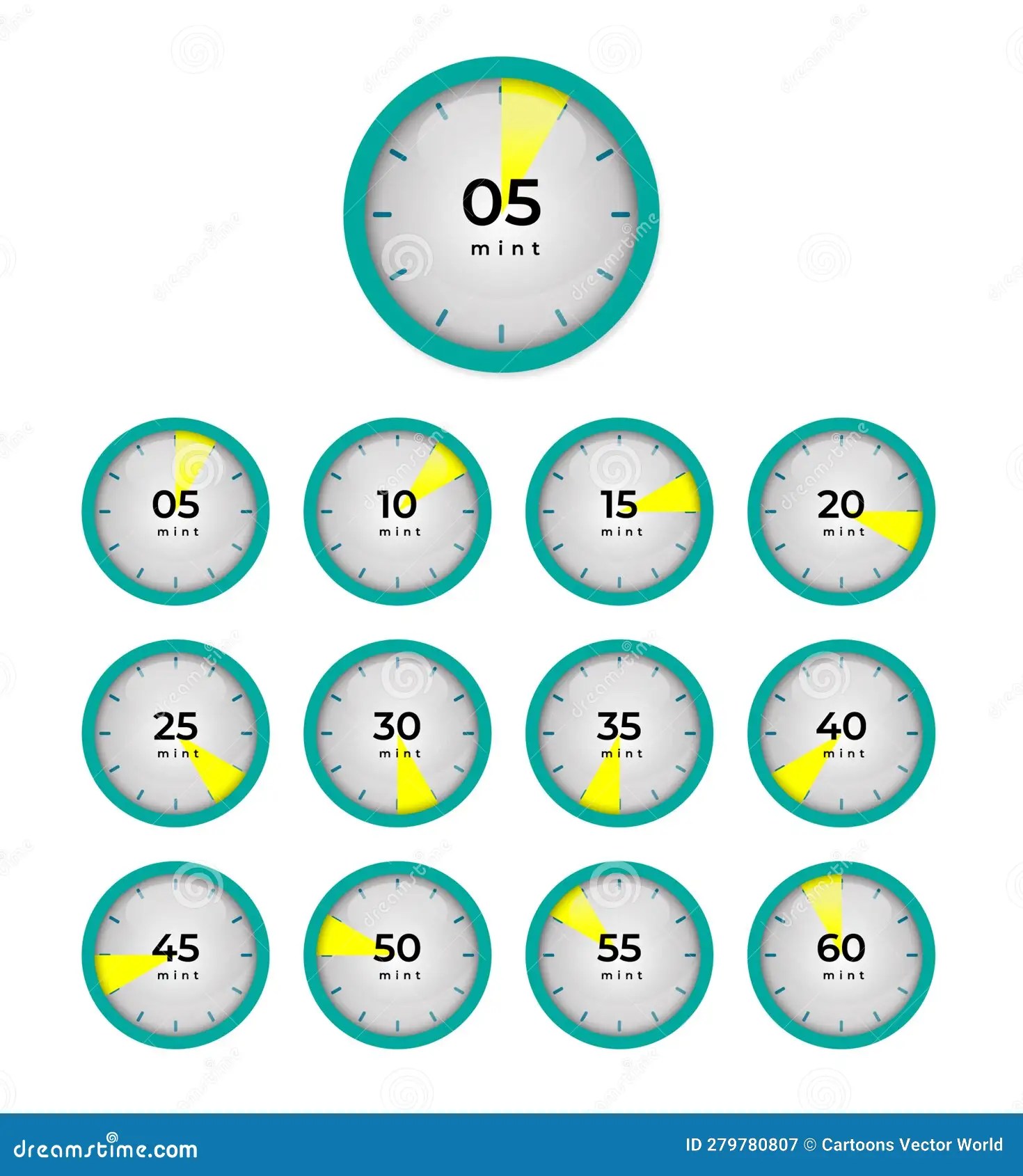 Set of Cartoon Style Decent Timer Clocks with Five Minutes Gap Vector