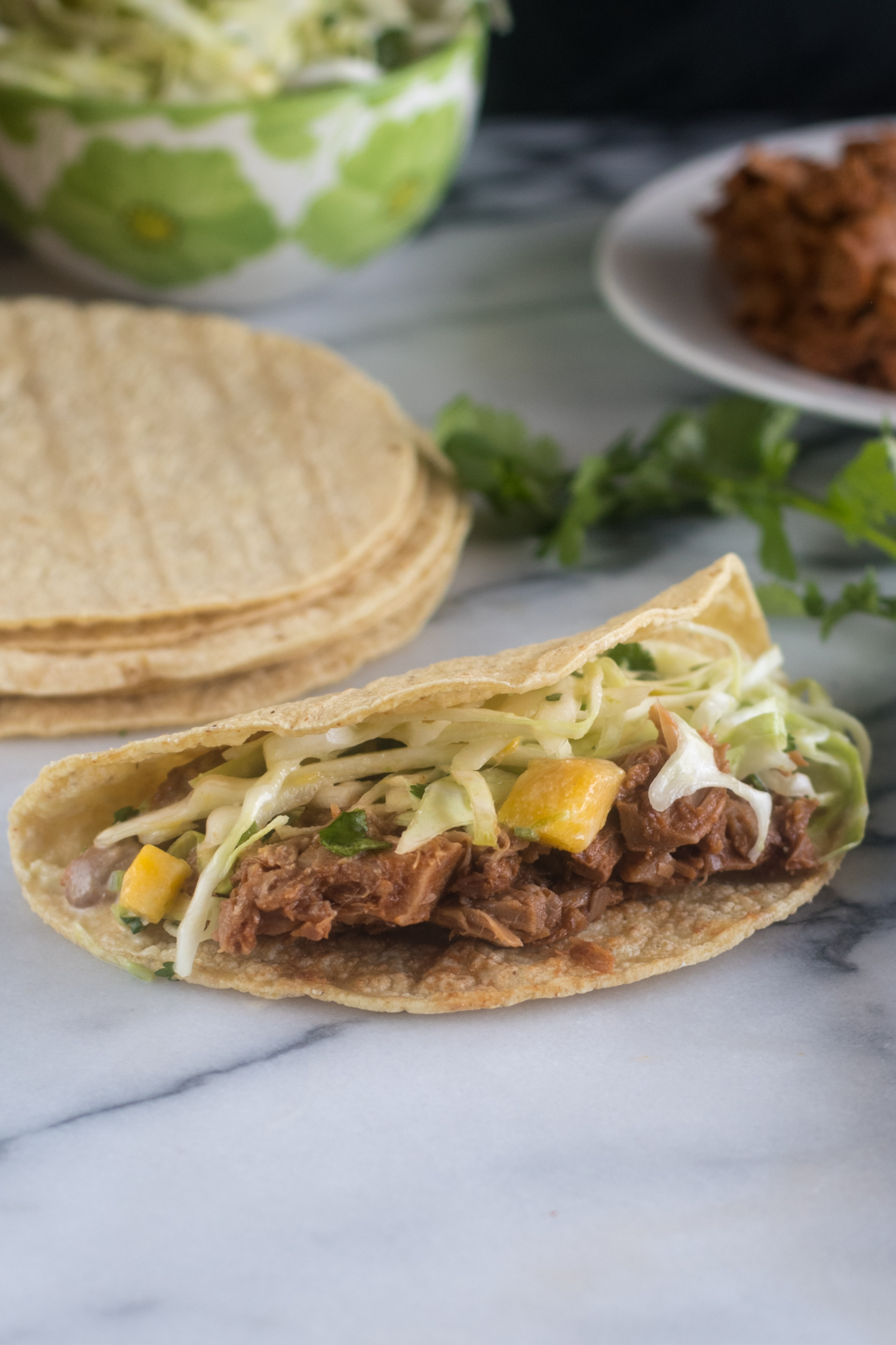 BBQ Jackfruit Tacos with Avocado Mango Cabbage Slaw Thyme & Love