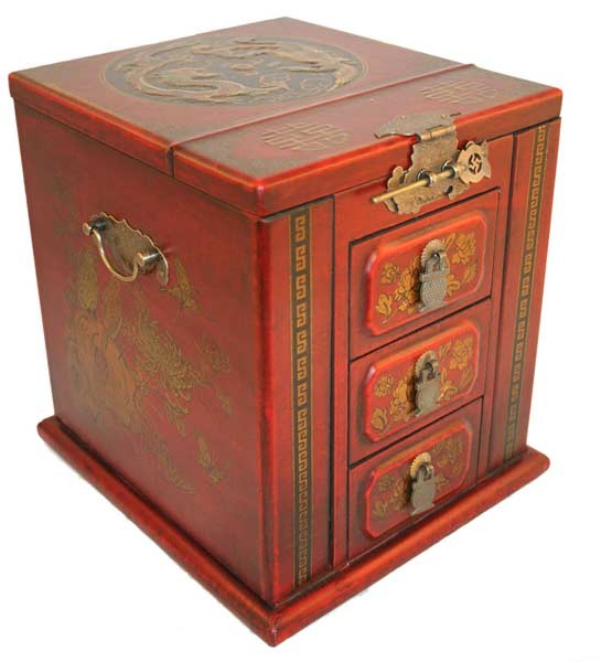 Vintage Chinese Jewelry Keepsake box W. Leather Surface