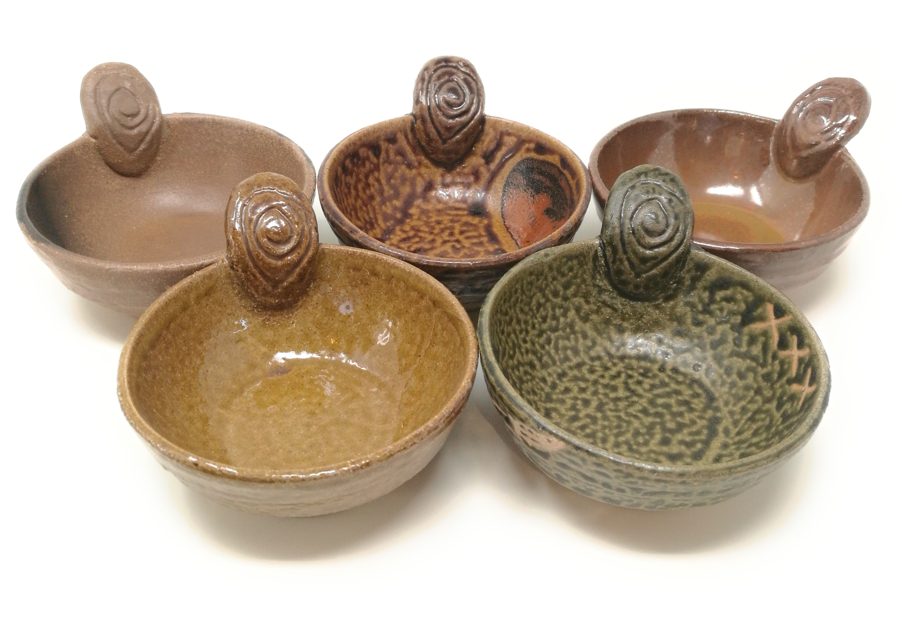 Set of 5 Small Japanese Pottery Ceramic Sauce Dishes With Handle for