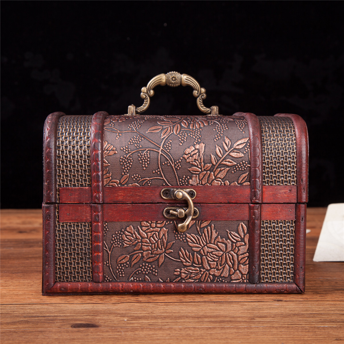Vintage Style Wooden Embossed Flower Pattern Jewelry Treasure Box