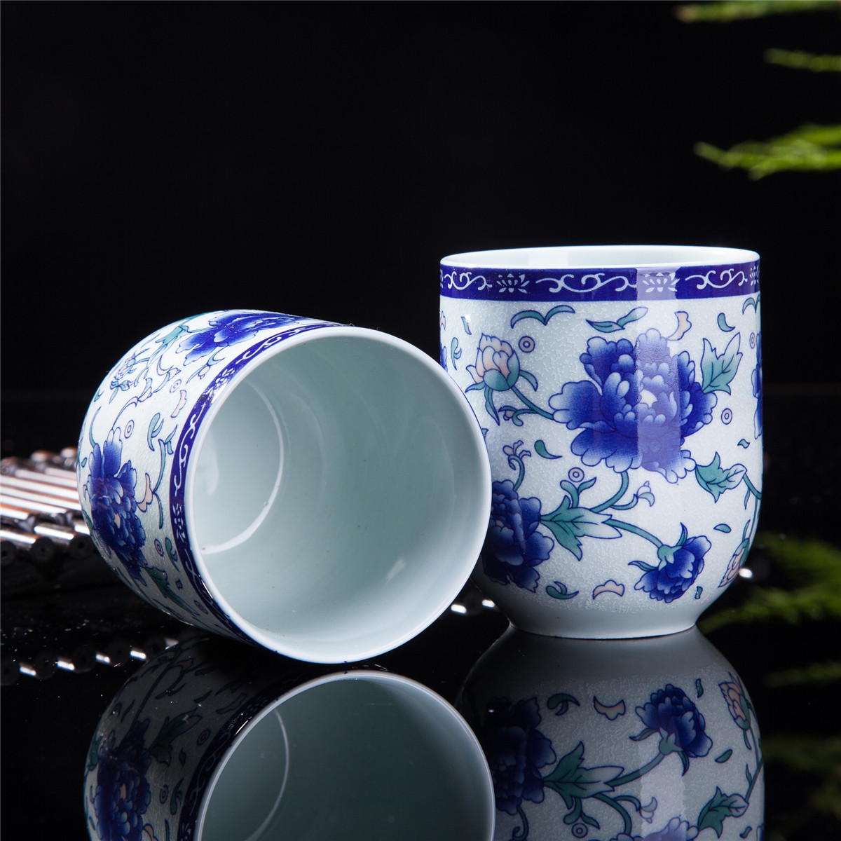 Set Of 6 Eastern Asian Design Ceramic Tea Cups In BlueAndWhite Peony