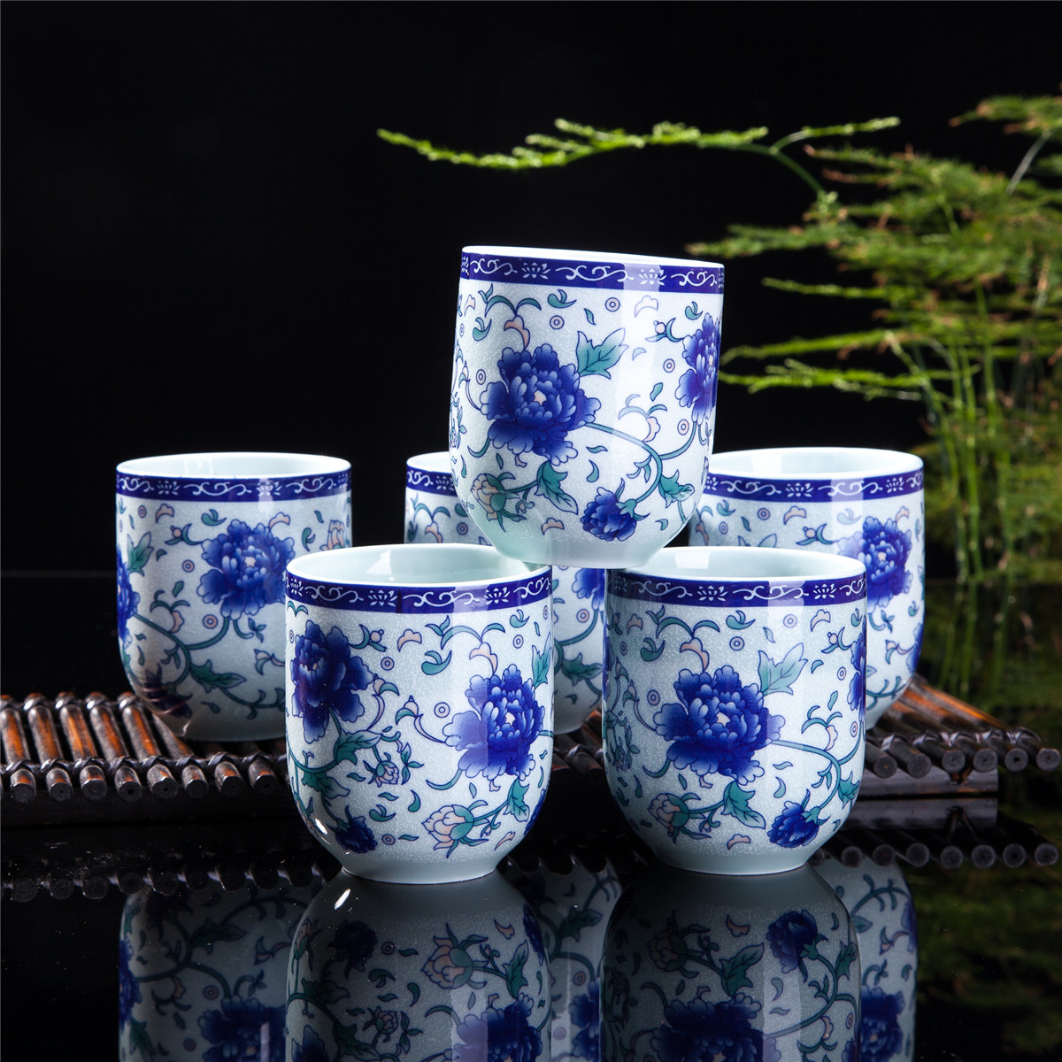 Set Of 6 Eastern Asian Design Ceramic Tea Cups In BlueAndW