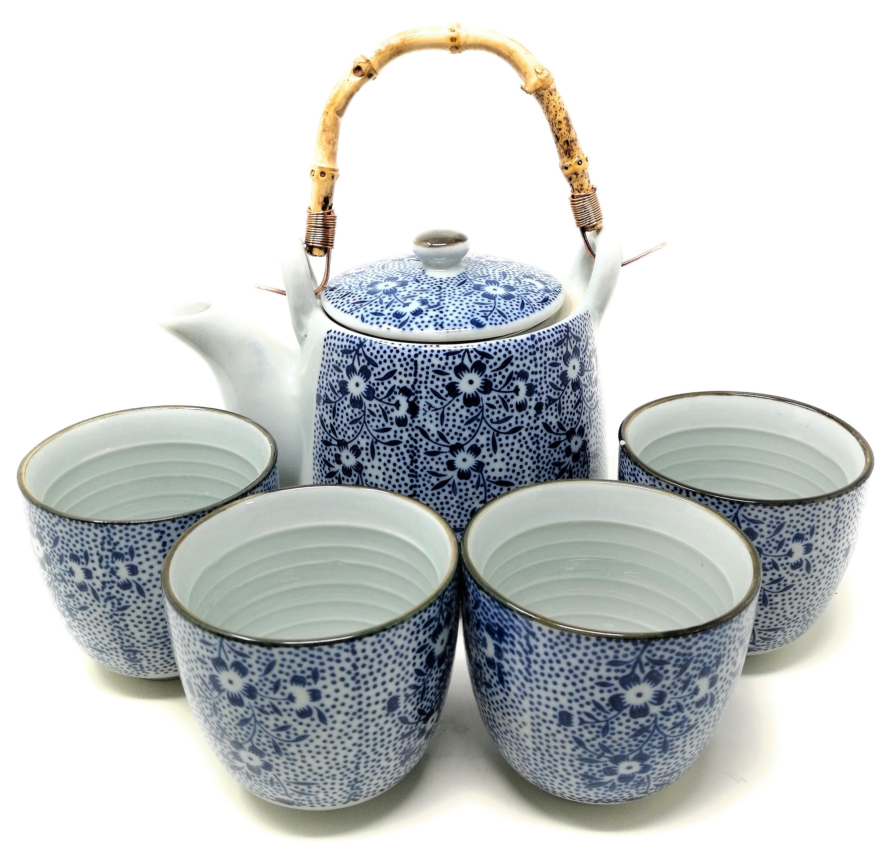 TJ Global Chinese Japanese Porcelain Tea Set with Blue Flora