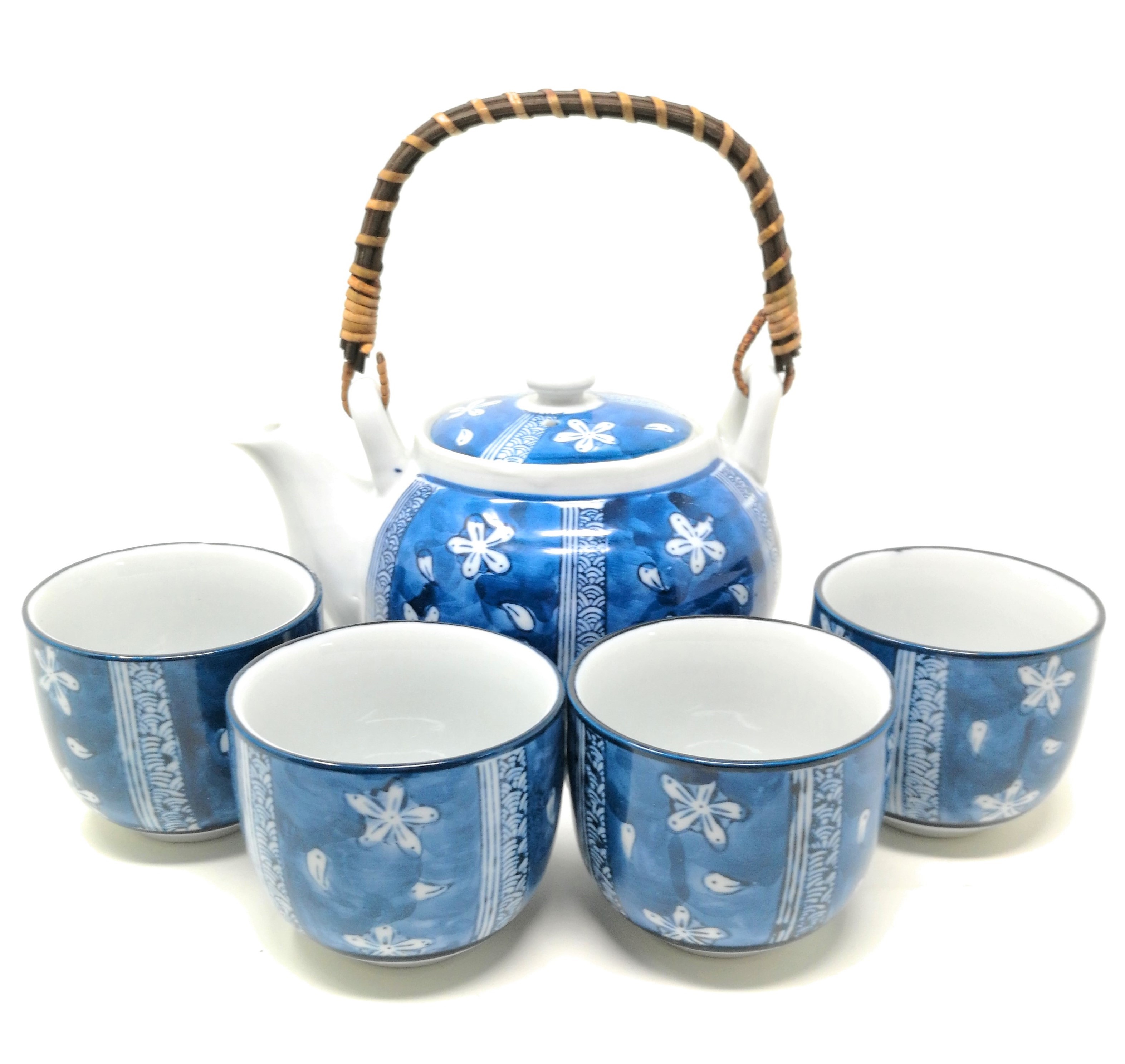 TJ Global Chinese Japanese Porcelain Tea Set with Blue Flowe
