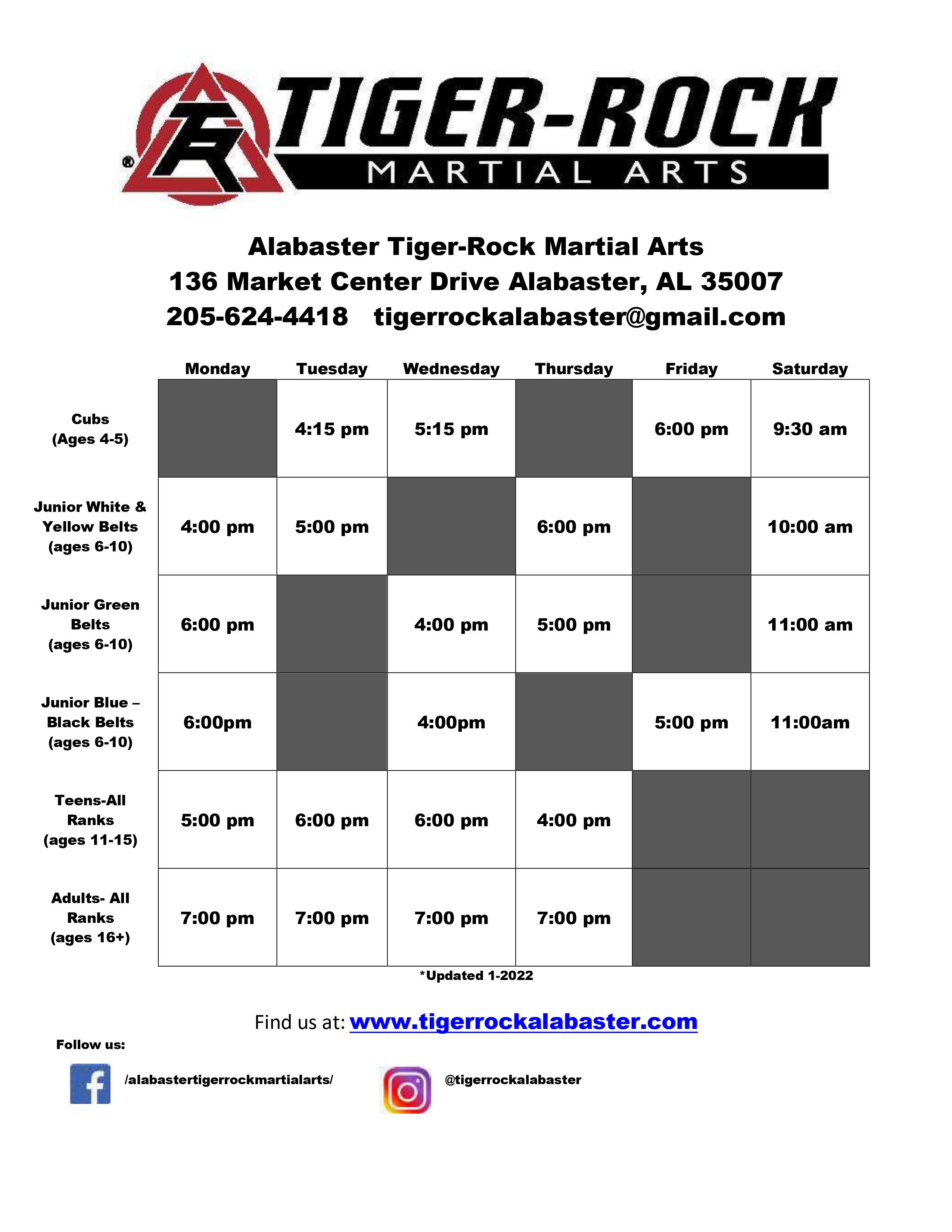 Class Schedule TIGERROCK MARTIAL ARTS ALABASTER