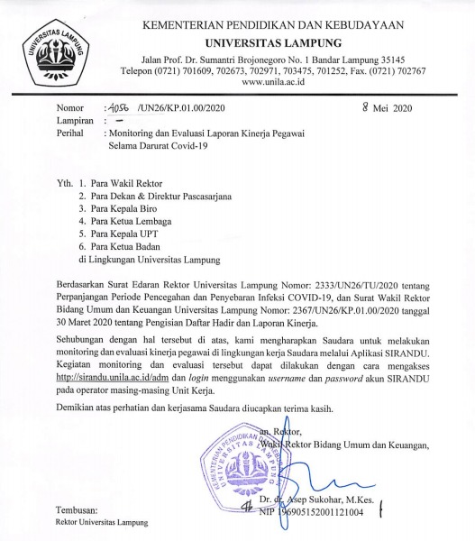 Monitoring dan Evaluasi Laporan Kinerja Pegawai Selama Darurat Covid-19 |  UPT. Teknologi Informasi dan Komunikasi Universitas Lampung