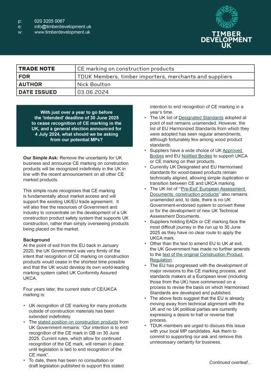 TDUK Trade Note CE/UKCA marking update