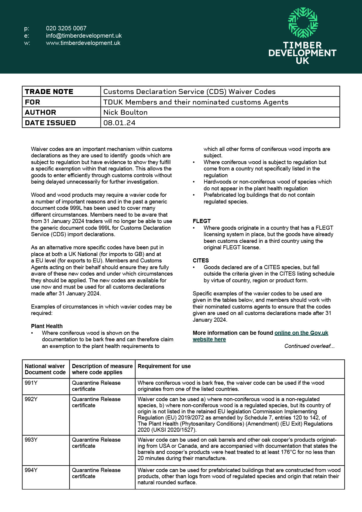 TDUK Trade Note Customs Declaration Service Waiver Codes