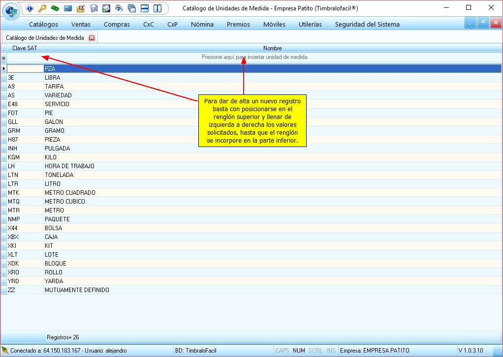 Catálogos > Unidades