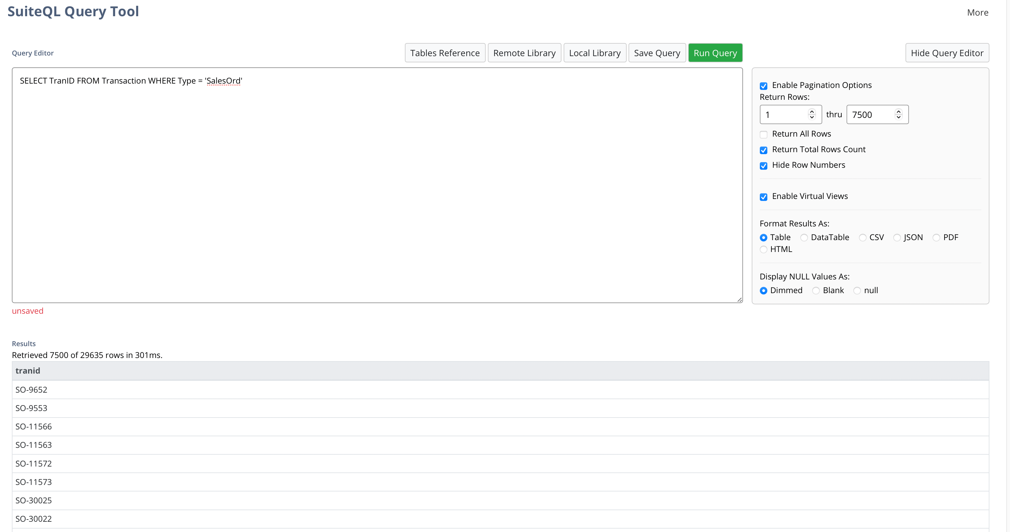 NetSuite SuiteQL Query Tool Pagination Options