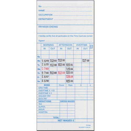 TR895W Time Card (Box 1000) Time Clocks Warehouse Australia