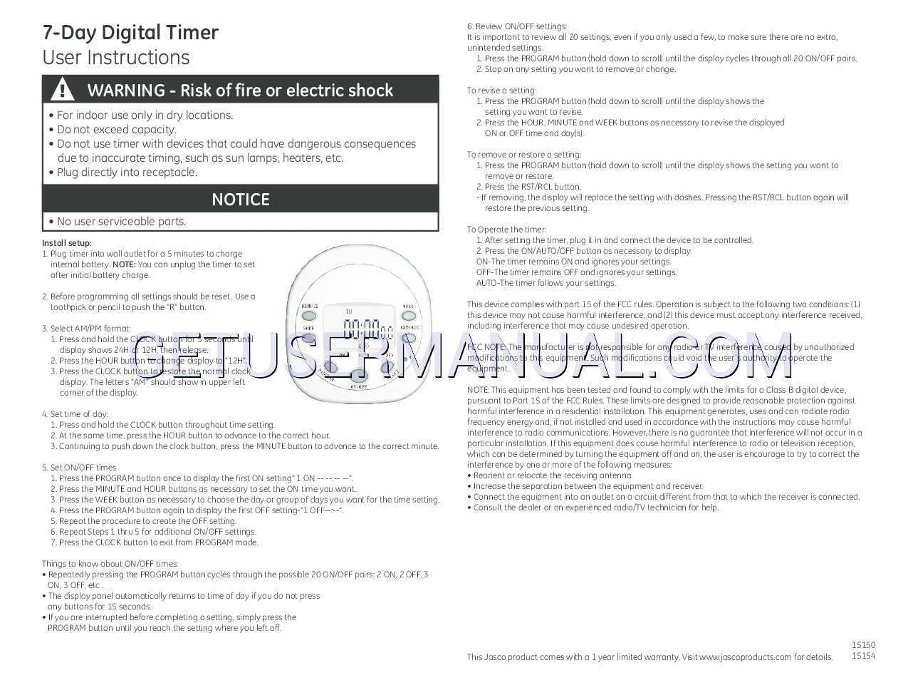 GE Timers 15154 GE 7Day Digital Timer Owner's Manual download free