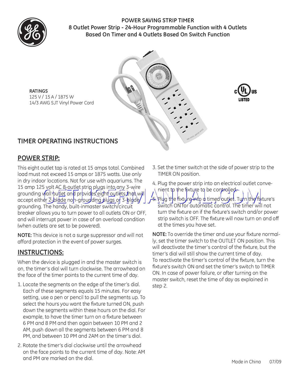 GE Timers 15274 PlugIn GE Strip Timer Owner's Manual download free