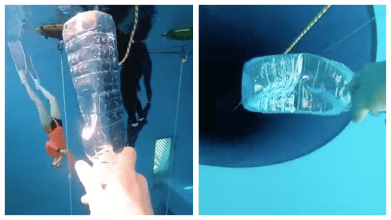 Diver demonstrates underwater pressure using a bottle Amazing But