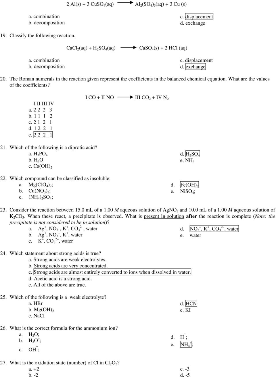Classifying And Balancing Equations Multiple Choice