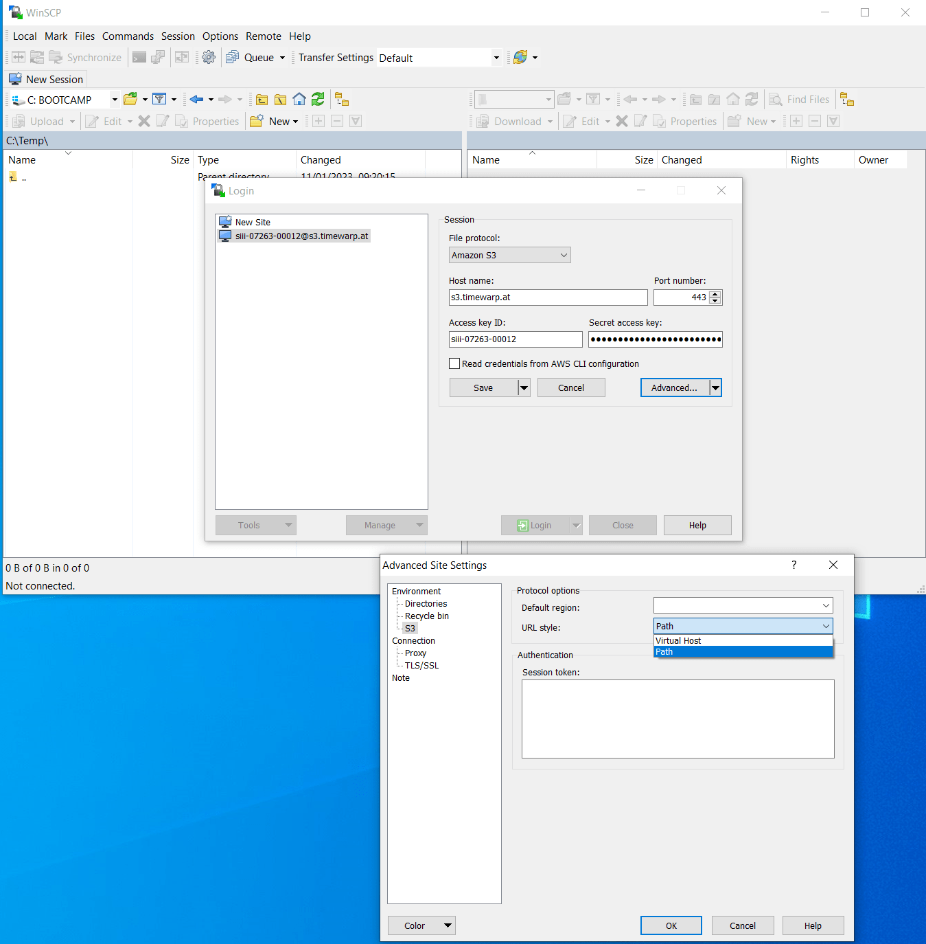 S3 mit Verbindung zu WinSCP Timewarp