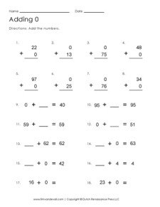 Adding 0 Worksheet | Free Printable First Grade Math Worksheets