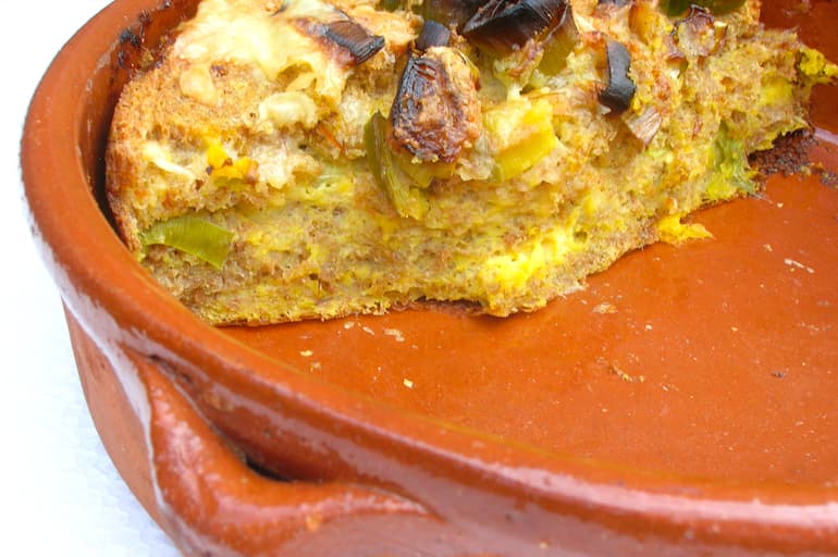 Cheese and Leek Bread Pudding with Cranks Tin and Thyme