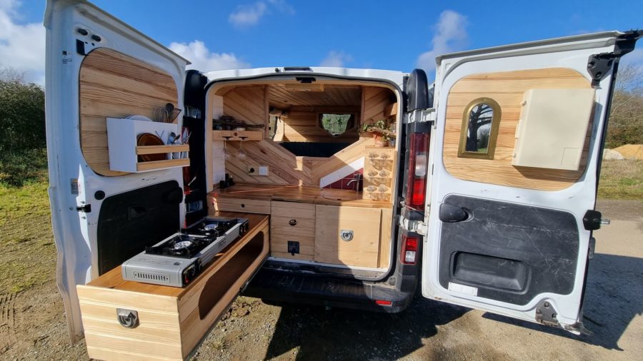 Amazing Rear Kitchen in Recycled Van Conversion