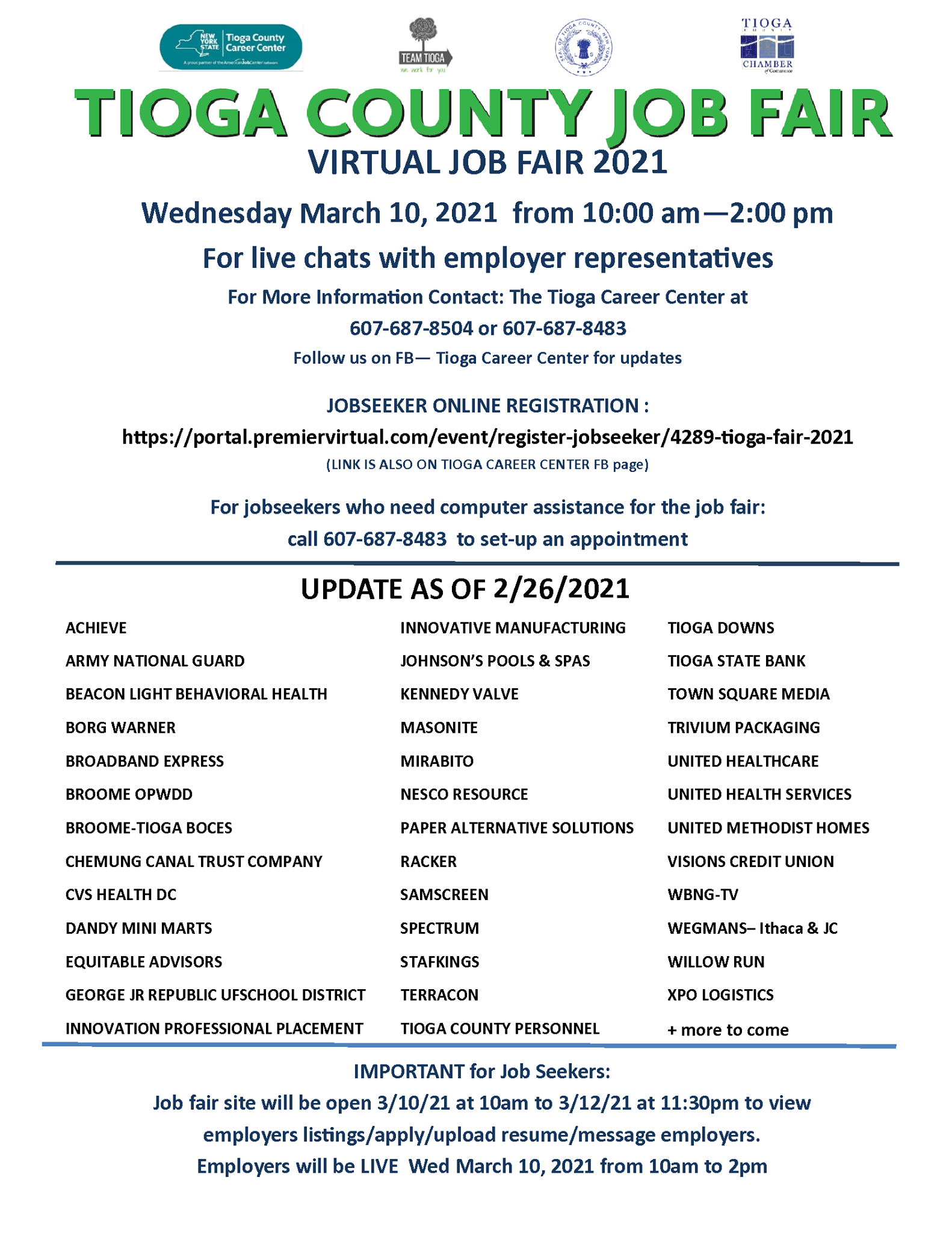Join us at the Tioga County Virtual Job Fair on March 10th! Tioga