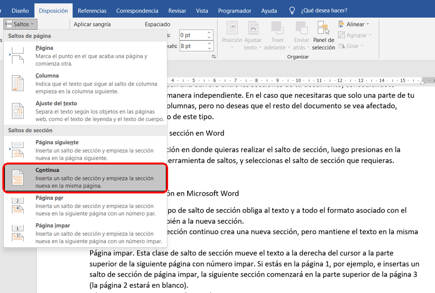 Salto de sección en Word
