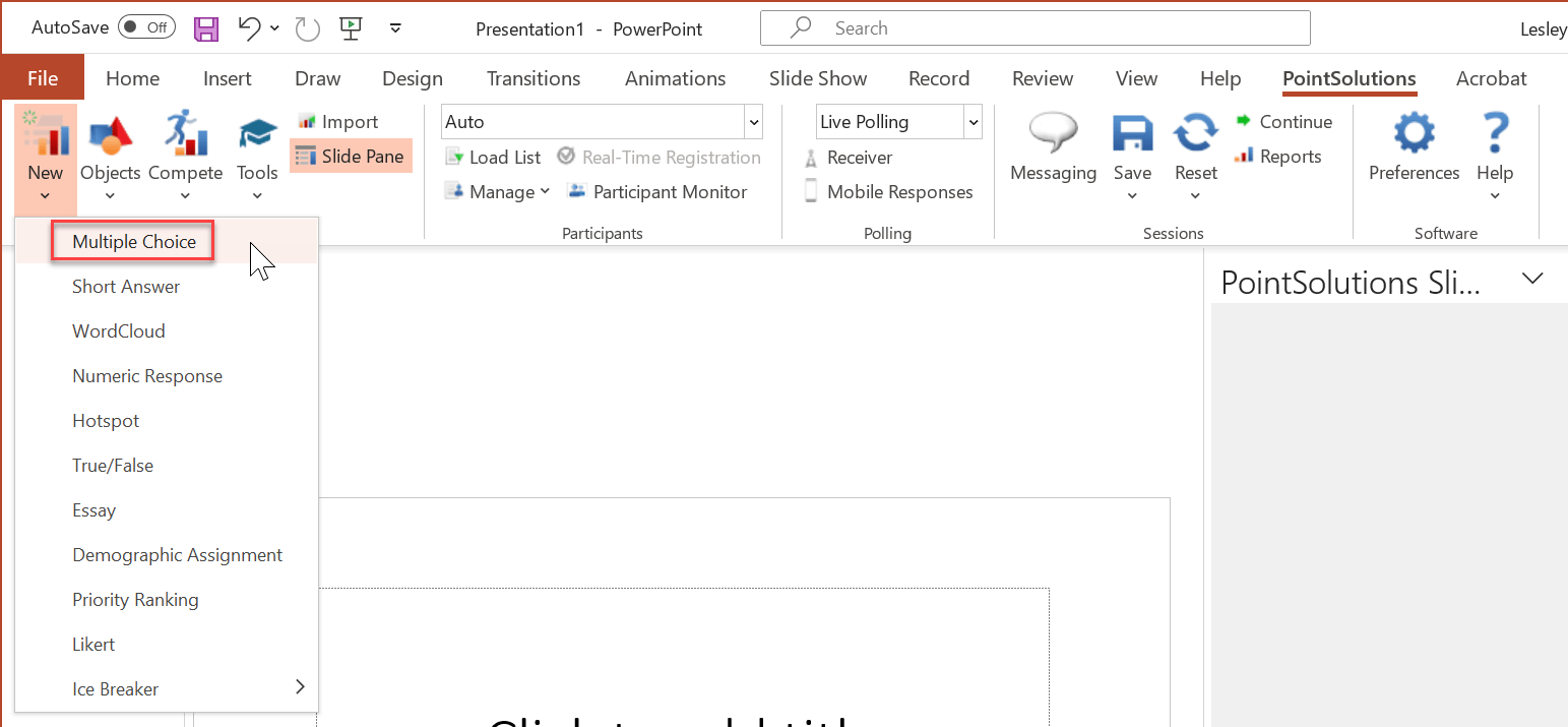 Clickers Create a PowerPoint Question using PointSolutions Teaching