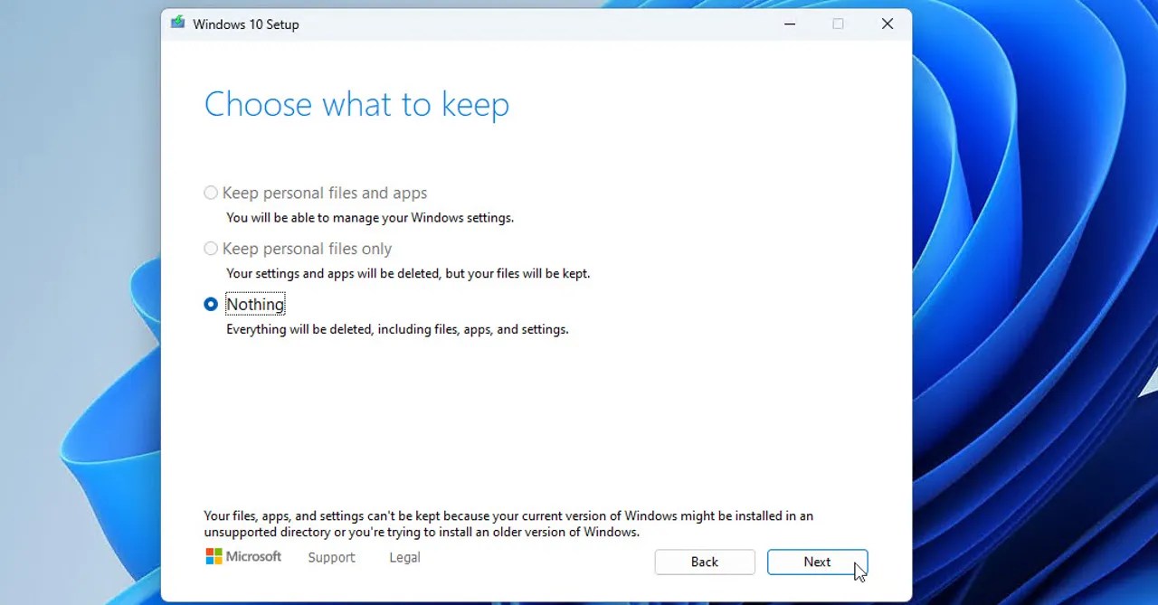 Why is Keep personal files and apps greyed out Windows 11 and 10