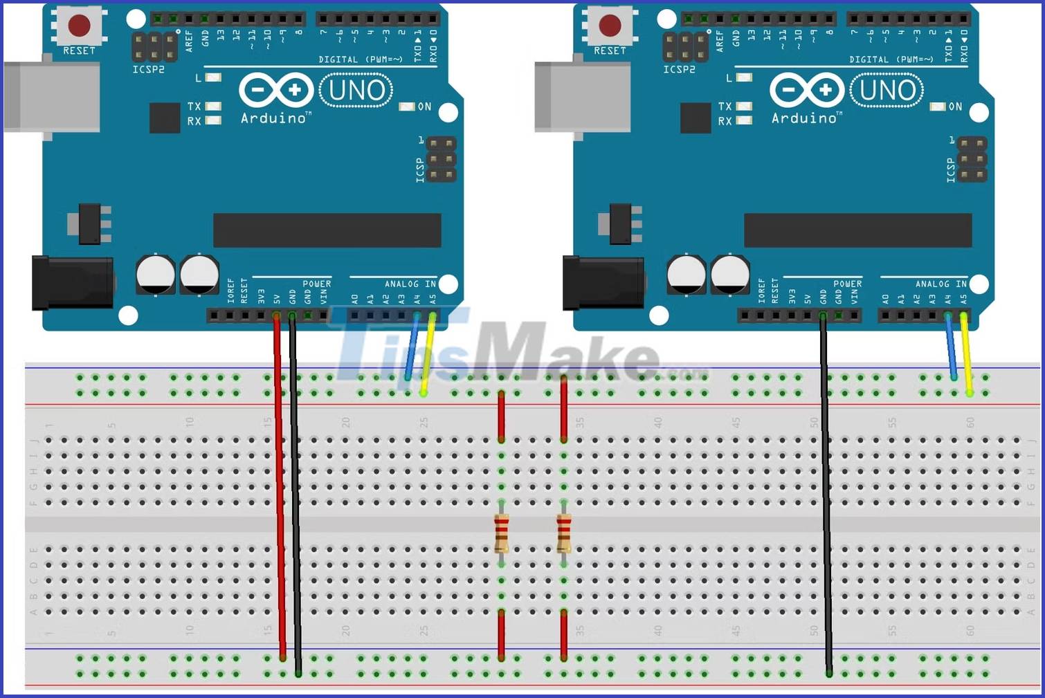 How to connect two Arduino boards using I2C