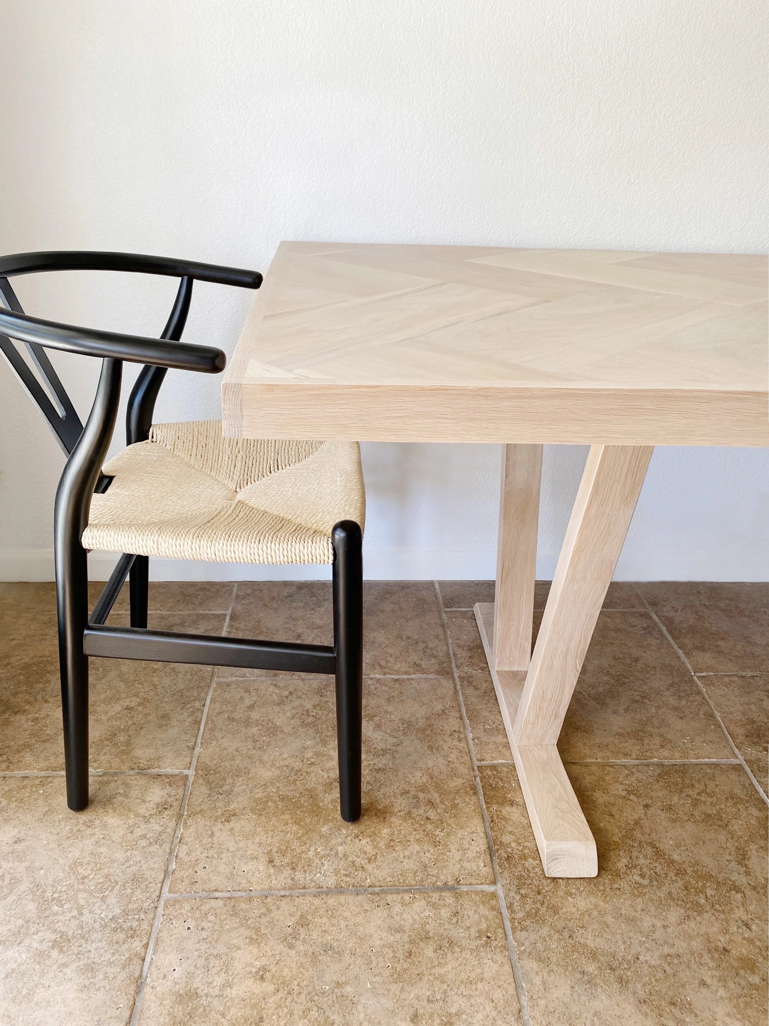 White Oak Herringbone Dining Table with Wood Pedestal Legs Tipsy Oak