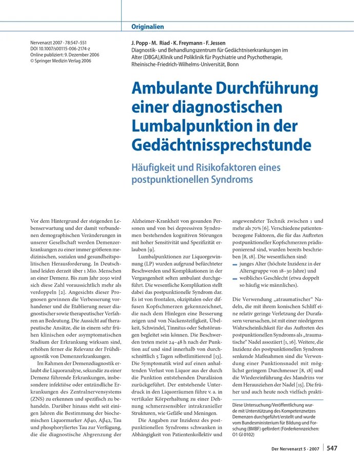 Diagnostic lumbar puncture performed in the outpatient setting of a