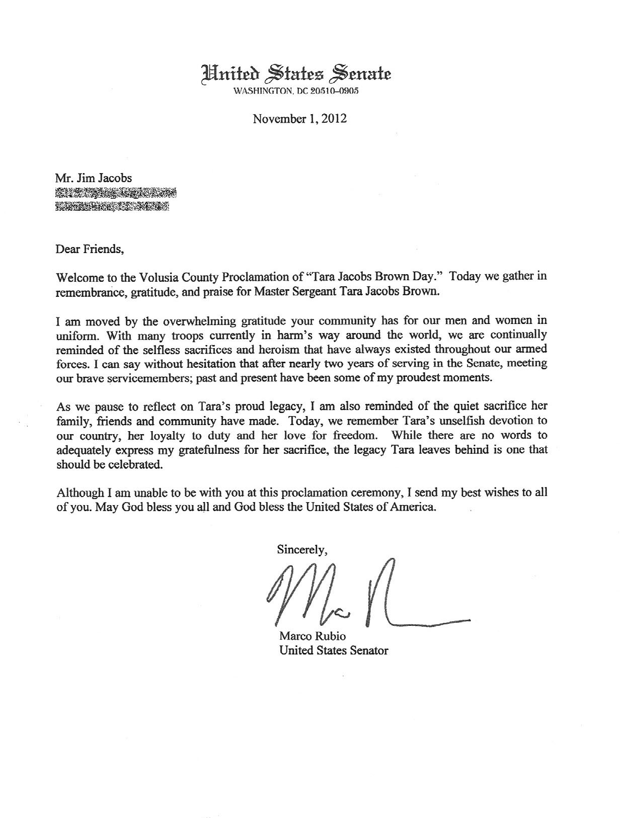 Senator Marco Rubio Tara Jacobs Brown Scholarship Foundation