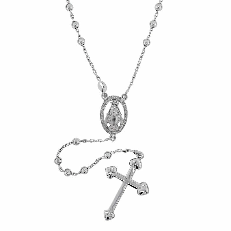 (ROS041) 60cm Rhodium Plated Sterling Silver Rosary Necklace TJD Silver