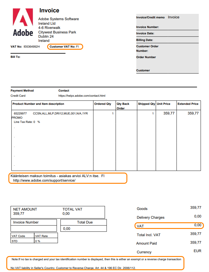 How to add correct Adobe invoice to accounting? UKKO Sole Trader