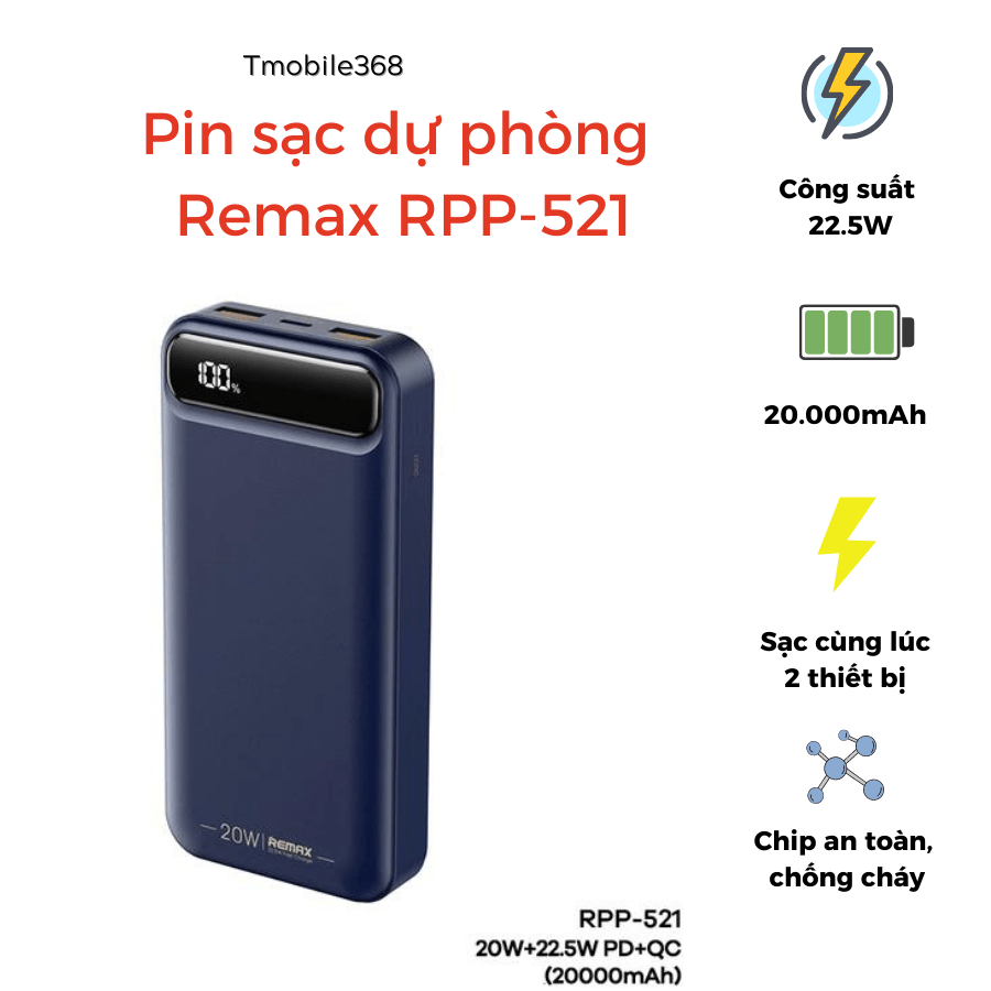 Pin sạc dự phòng có trang bị sạc nhanh 20.000mAh Remax RPP521 Tmobile368