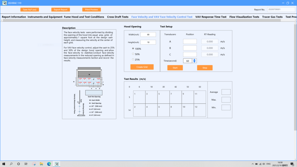 Fume Hood Complete Test Set according to ASHRAE 1102016 (Hardware and
