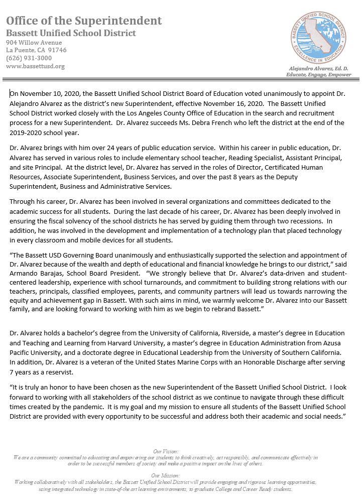 Bassett Unified School District New Superintendent, Dr. Alejandro Alvarez Torch