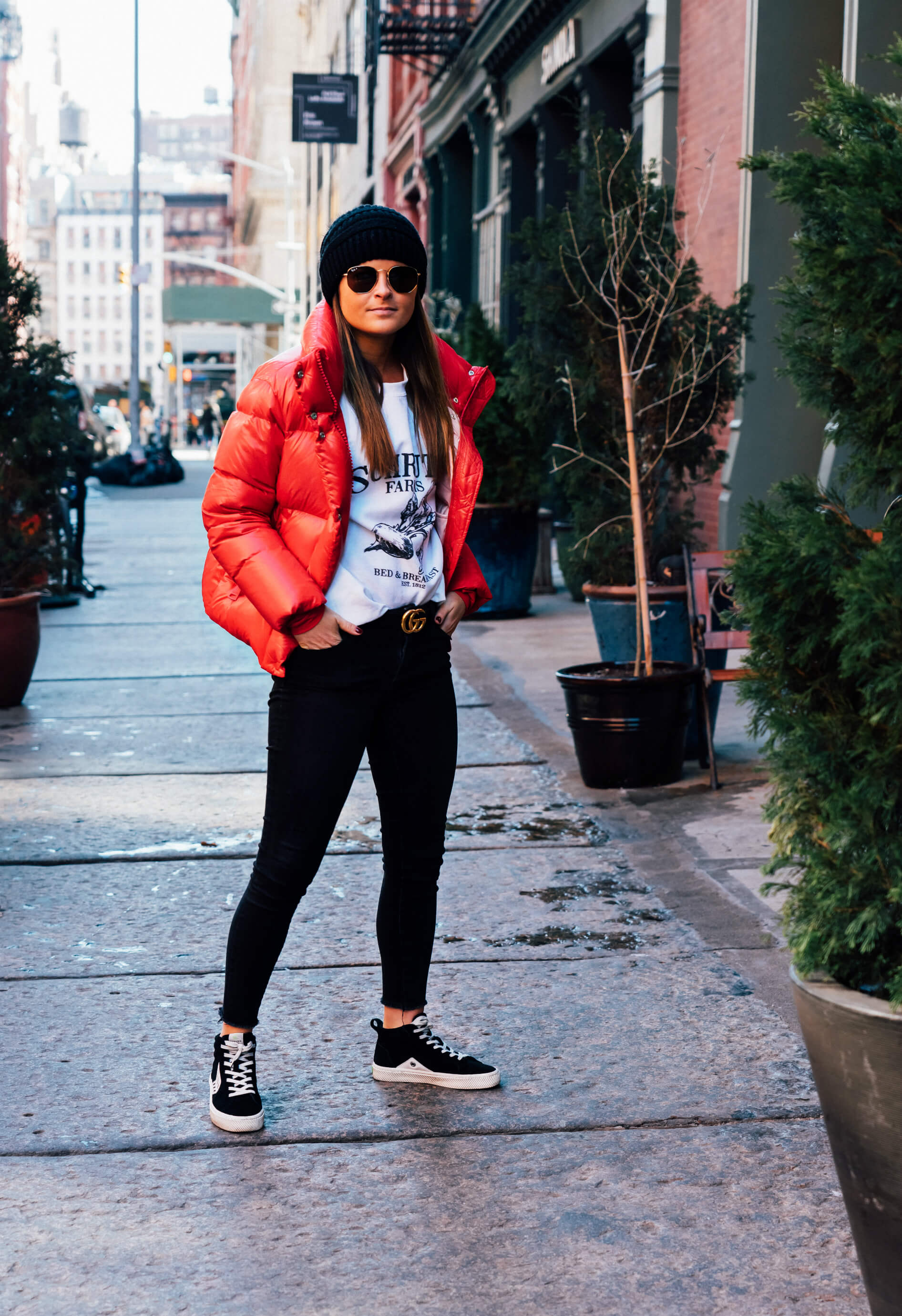 How To Style A Red Puffer Coat Daytime Casual