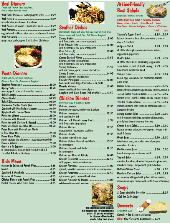 Tony Soprano's Pizza Pizzeria Turnersville, NJ Our Menu
