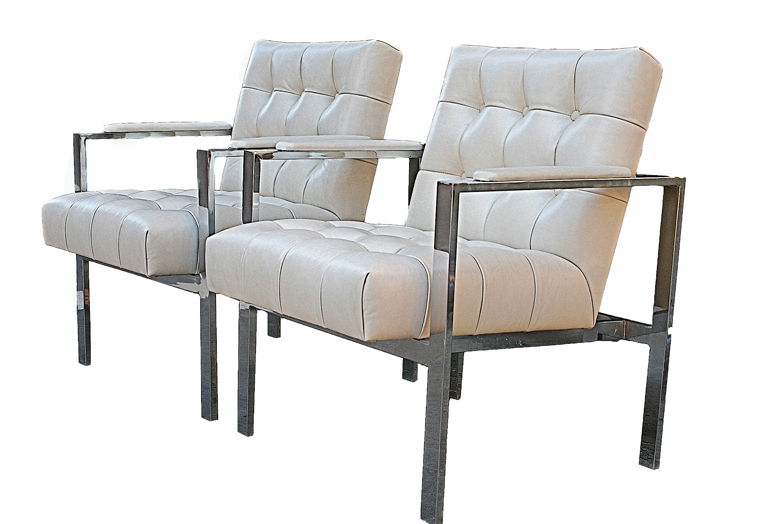 Milo Baughman, Pair of Chrome Flat Bar Chairs, USA, c. 1970's